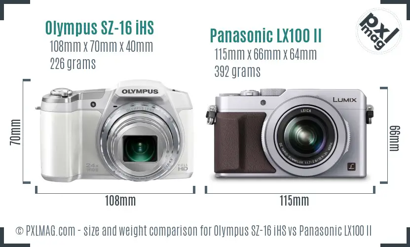 Olympus SZ-16 iHS vs Panasonic LX100 II size comparison