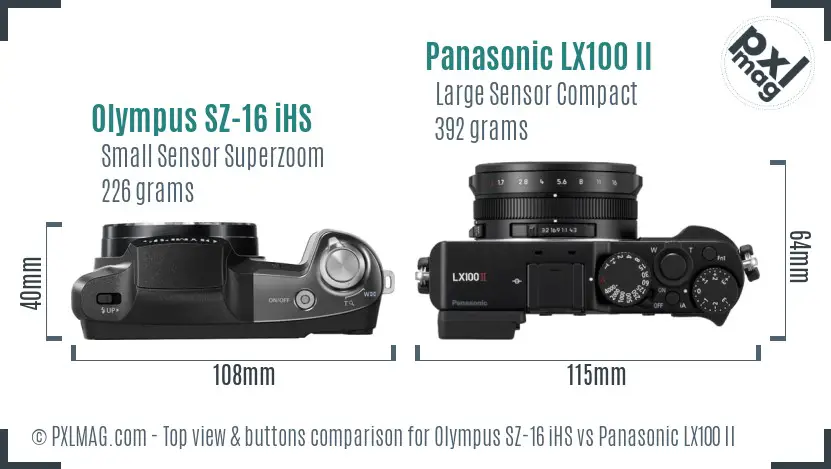 Olympus SZ-16 iHS vs Panasonic LX100 II top view buttons comparison