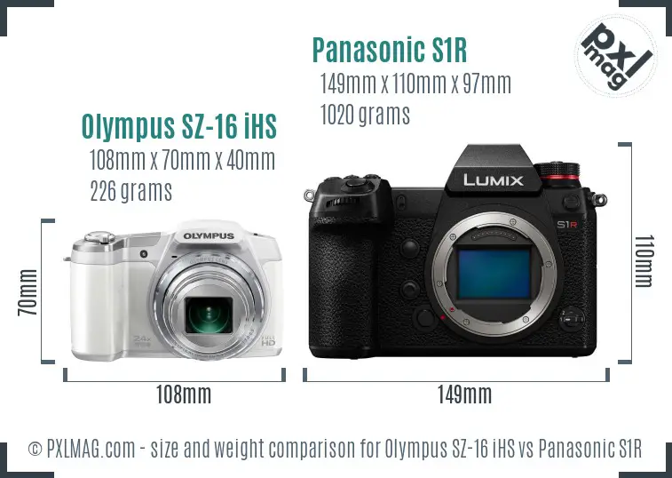 Olympus SZ-16 iHS vs Panasonic S1R size comparison