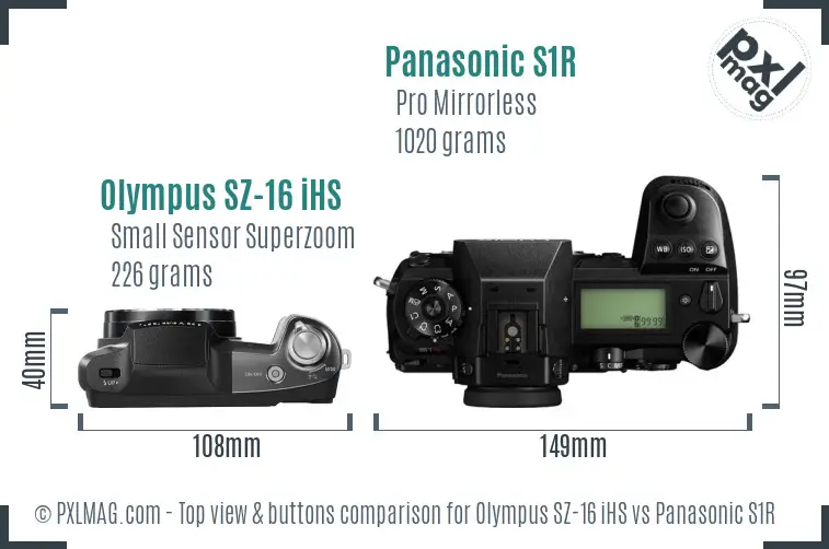 Olympus SZ-16 iHS vs Panasonic S1R top view buttons comparison