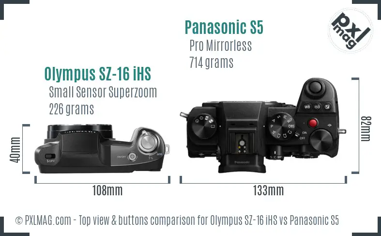 Olympus SZ-16 iHS vs Panasonic S5 top view buttons comparison