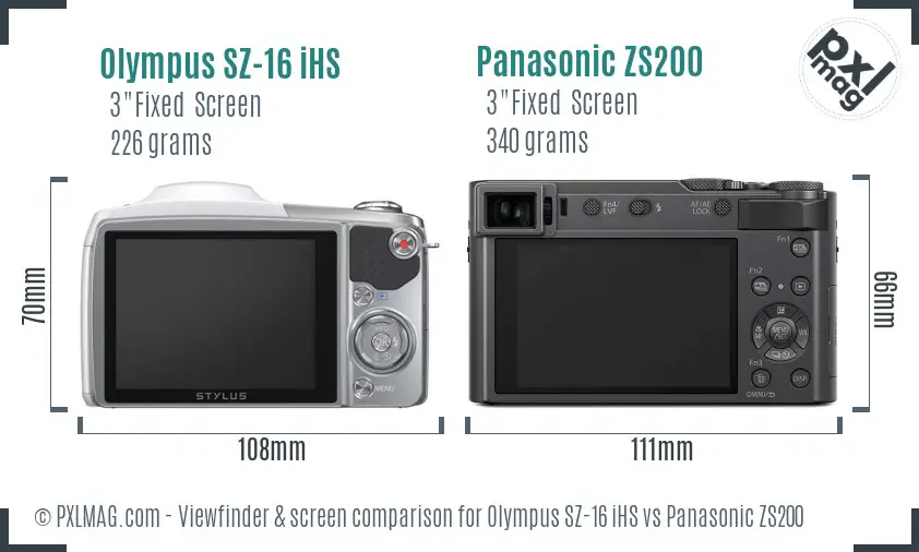 Olympus SZ-16 iHS vs Panasonic ZS200 Screen and Viewfinder comparison