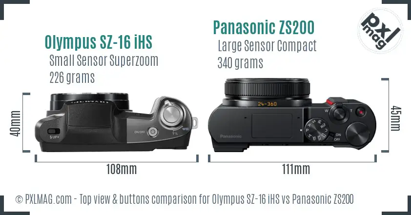 Olympus SZ-16 iHS vs Panasonic ZS200 top view buttons comparison