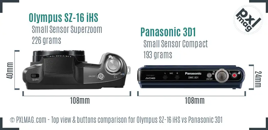 Olympus SZ-16 iHS vs Panasonic 3D1 top view buttons comparison
