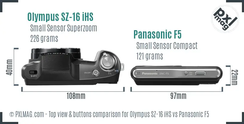 Olympus SZ-16 iHS vs Panasonic F5 top view buttons comparison