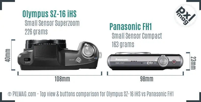 Olympus SZ-16 iHS vs Panasonic FH1 top view buttons comparison
