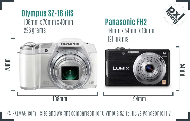 Olympus SZ-16 iHS vs Panasonic FH2 size comparison