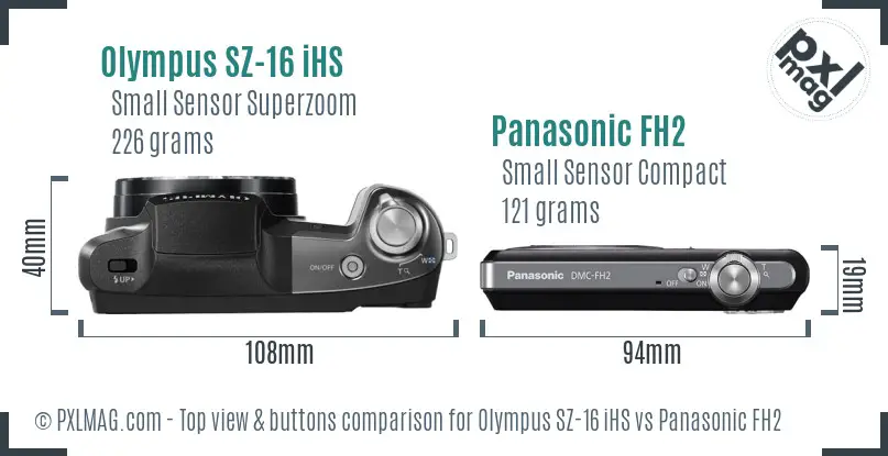 Olympus SZ-16 iHS vs Panasonic FH2 top view buttons comparison