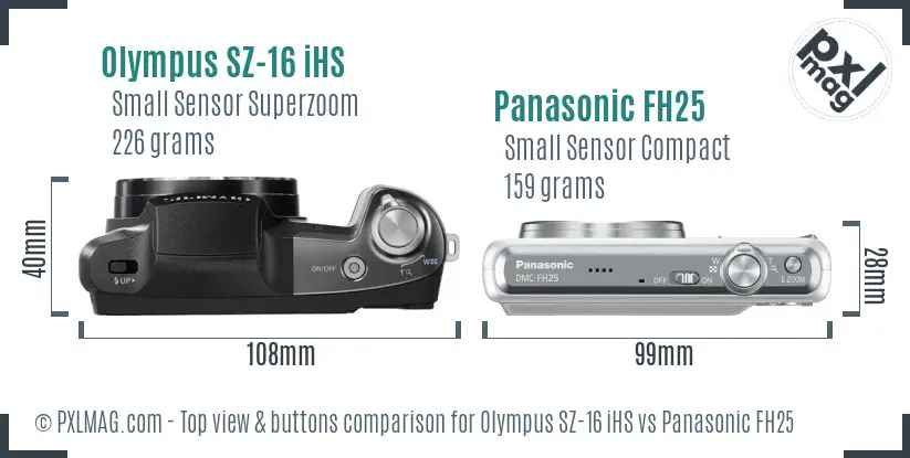 Olympus SZ-16 iHS vs Panasonic FH25 top view buttons comparison