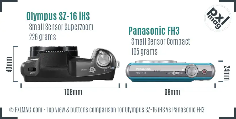 Olympus SZ-16 iHS vs Panasonic FH3 top view buttons comparison