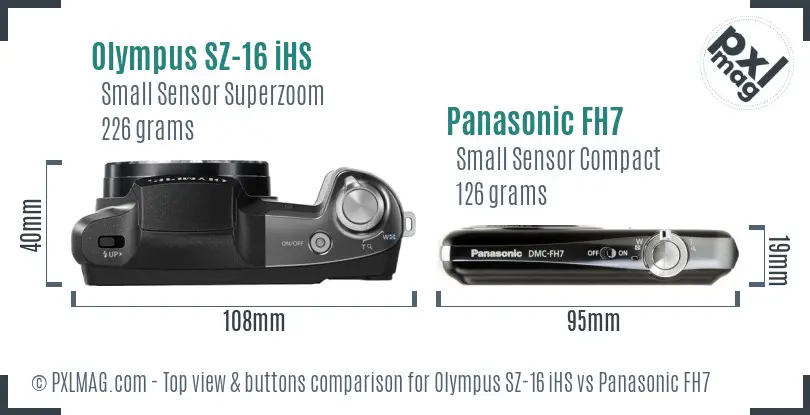 Olympus SZ-16 iHS vs Panasonic FH7 top view buttons comparison