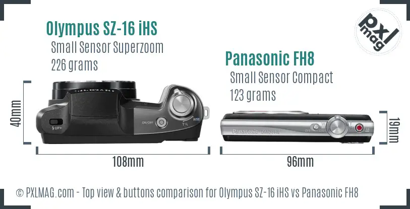 Olympus SZ-16 iHS vs Panasonic FH8 top view buttons comparison