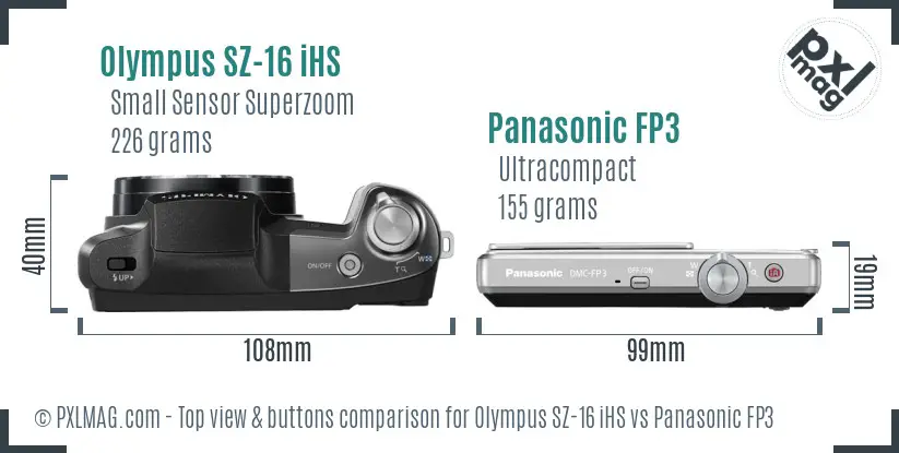 Olympus SZ-16 iHS vs Panasonic FP3 top view buttons comparison