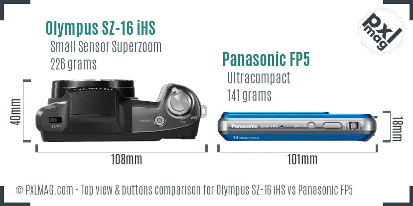 Olympus SZ-16 iHS vs Panasonic FP5 top view buttons comparison