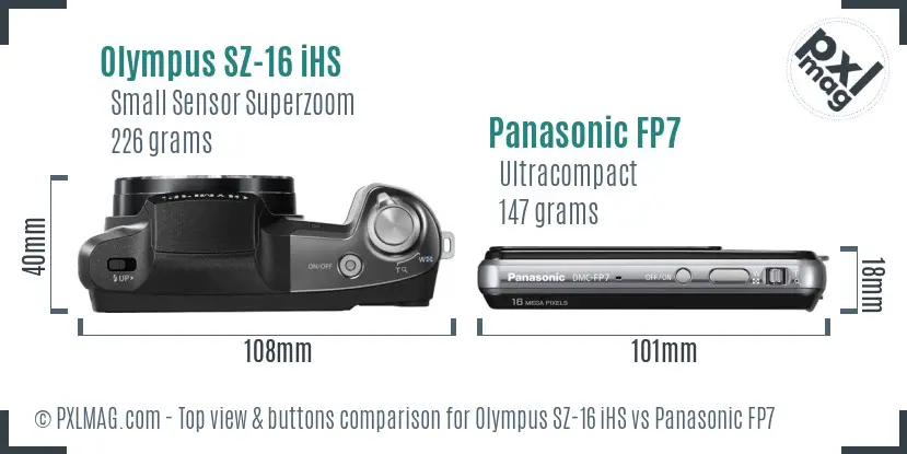 Olympus SZ-16 iHS vs Panasonic FP7 top view buttons comparison