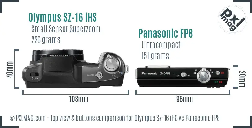 Olympus SZ-16 iHS vs Panasonic FP8 top view buttons comparison