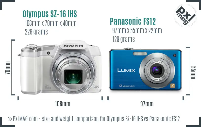 Olympus SZ-16 iHS vs Panasonic FS12 size comparison