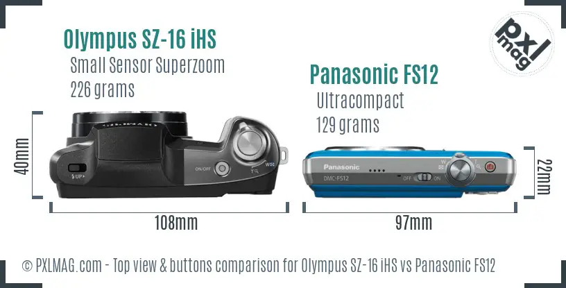 Olympus SZ-16 iHS vs Panasonic FS12 top view buttons comparison