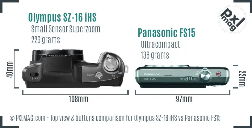Olympus SZ-16 iHS vs Panasonic FS15 top view buttons comparison