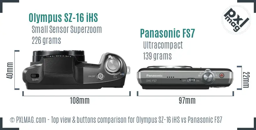 Olympus SZ-16 iHS vs Panasonic FS7 top view buttons comparison