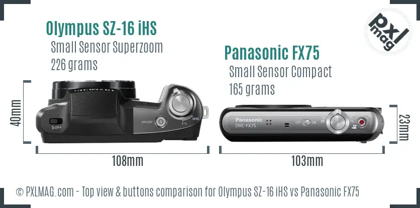 Olympus SZ-16 iHS vs Panasonic FX75 top view buttons comparison