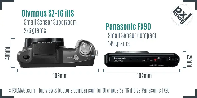 Olympus SZ-16 iHS vs Panasonic FX90 top view buttons comparison Olympus SZ-16 iHS vs Panasonic FX90 top view buttons comparison
