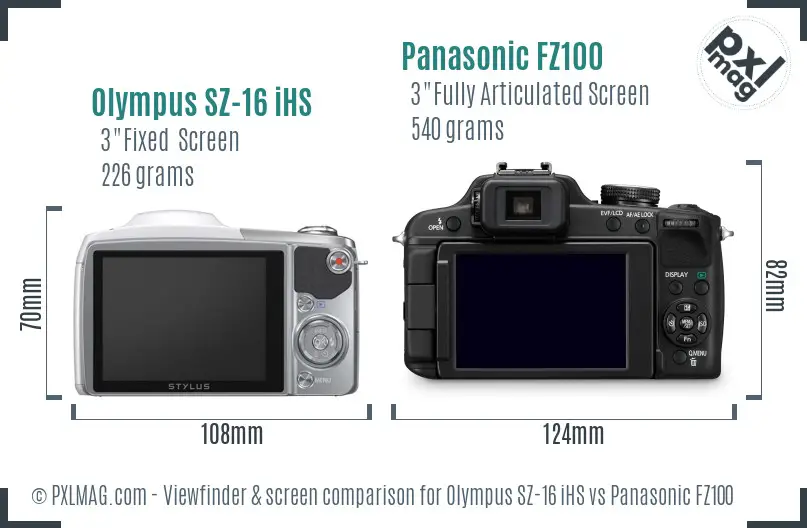 Olympus SZ-16 iHS vs Panasonic FZ100 Screen and Viewfinder comparison