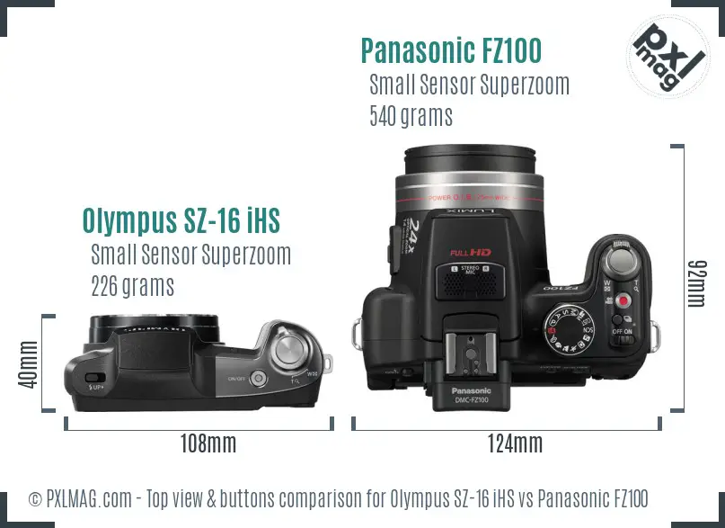 Olympus SZ-16 iHS vs Panasonic FZ100 top view buttons comparison