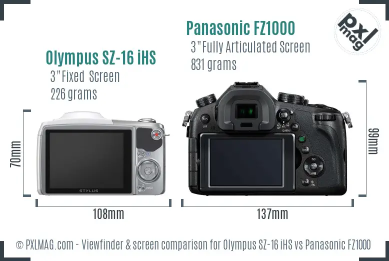 Olympus SZ-16 iHS vs Panasonic FZ1000 Screen and Viewfinder comparison