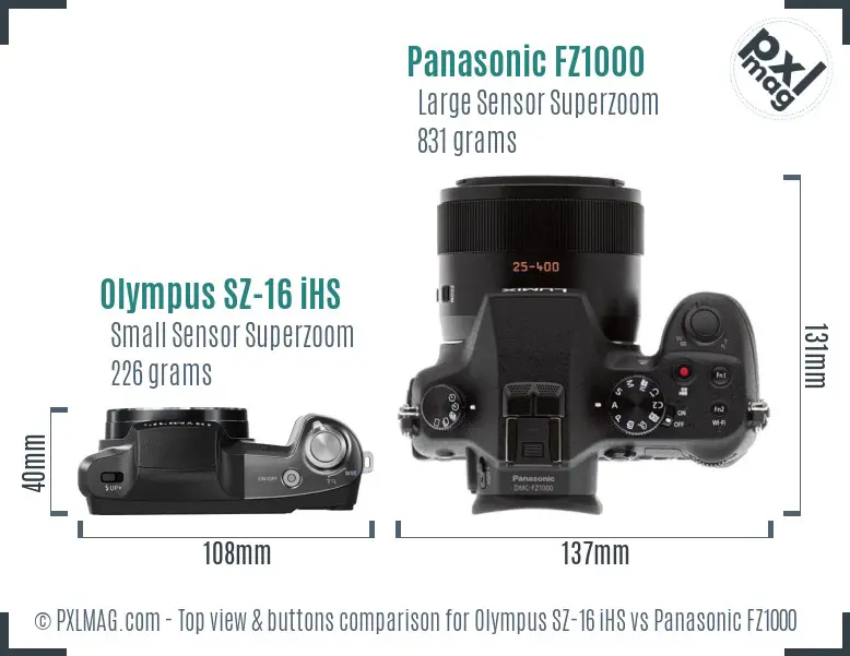 Olympus SZ-16 iHS vs Panasonic FZ1000 top view buttons comparison