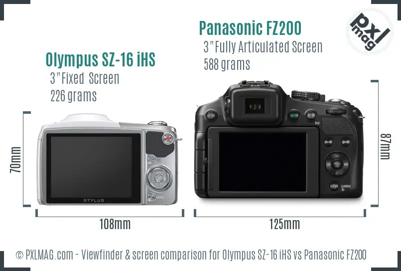 Olympus SZ-16 iHS vs Panasonic FZ200 Screen and Viewfinder comparison