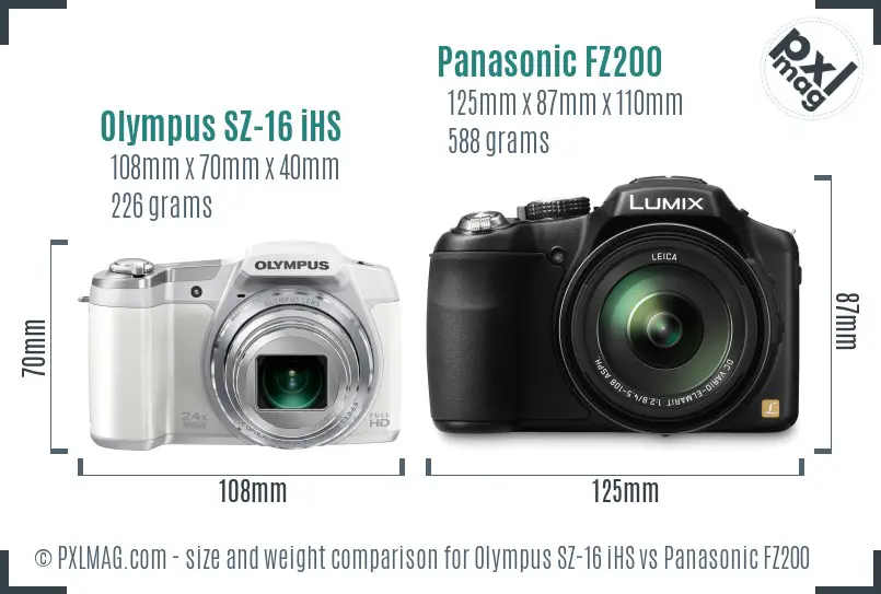 Olympus SZ-16 iHS vs Panasonic FZ200 size comparison