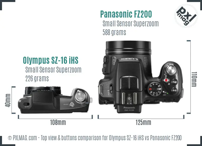 Olympus SZ-16 iHS vs Panasonic FZ200 top view buttons comparison