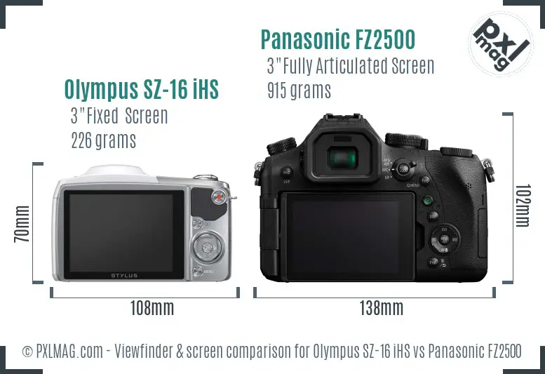 Olympus SZ-16 iHS vs Panasonic FZ2500 Screen and Viewfinder comparison