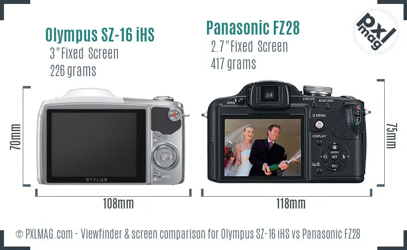 Olympus SZ-16 iHS vs Panasonic FZ28 Screen and Viewfinder comparison
