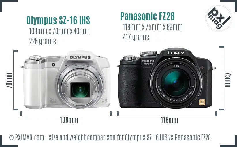 Olympus SZ-16 iHS vs Panasonic FZ28 size comparison