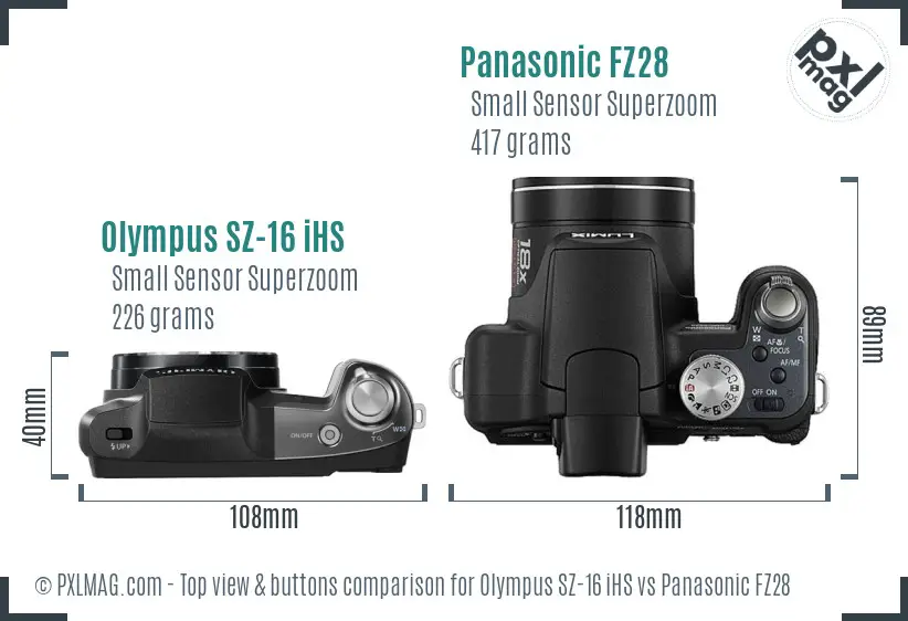 Olympus SZ-16 iHS vs Panasonic FZ28 top view buttons comparison