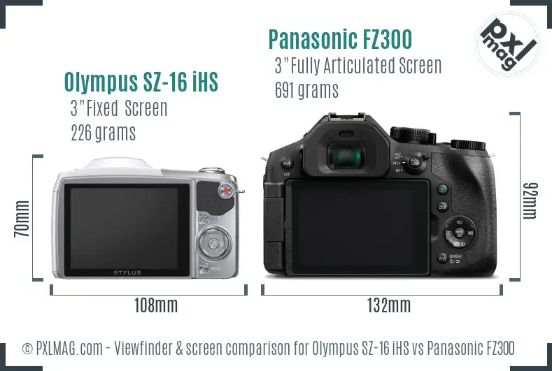 Olympus SZ-16 iHS vs Panasonic FZ300 Screen and Viewfinder comparison