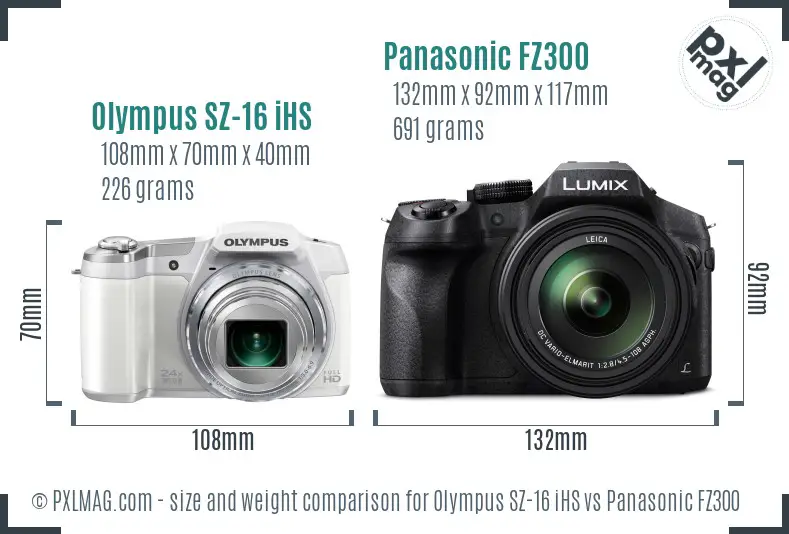 Olympus SZ-16 iHS vs Panasonic FZ300 size comparison