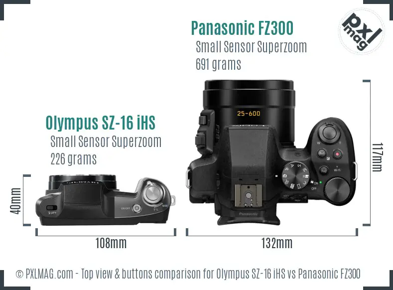 Olympus SZ-16 iHS vs Panasonic FZ300 top view buttons comparison