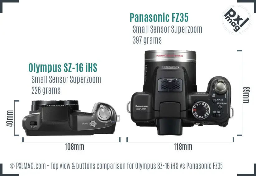 Olympus SZ-16 iHS vs Panasonic FZ35 top view buttons comparison