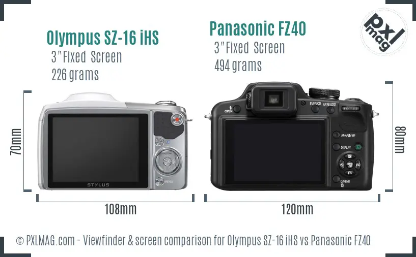 Olympus SZ-16 iHS vs Panasonic FZ40 Screen and Viewfinder comparison Olympus SZ-16 iHS vs Panasonic FZ40 Screen and Viewfinder comparison