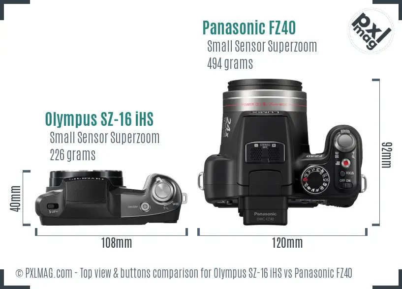 Olympus SZ-16 iHS vs Panasonic FZ40 top view buttons comparison Olympus SZ-16 iHS vs Panasonic FZ40 top view buttons comparison