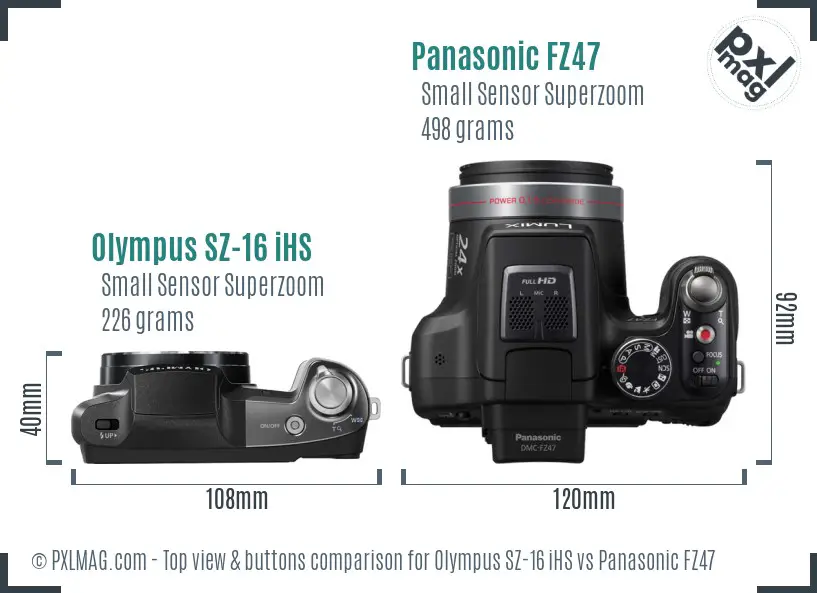 Olympus SZ-16 iHS vs Panasonic FZ47 top view buttons comparison