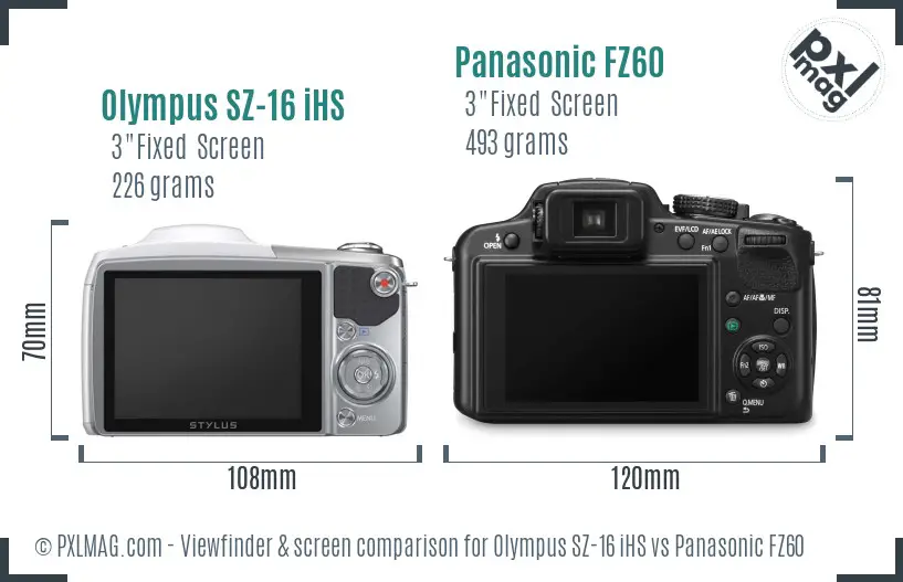 Olympus SZ-16 iHS vs Panasonic FZ60 Screen and Viewfinder comparison