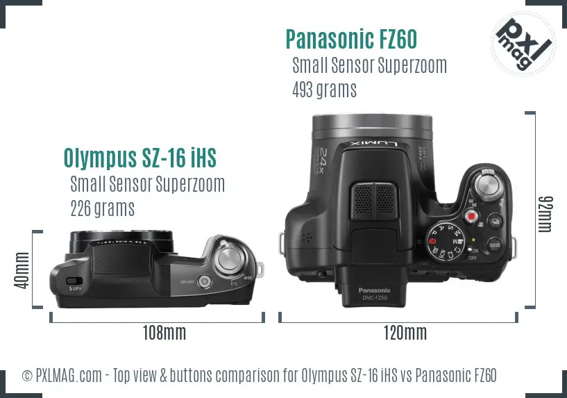 Olympus SZ-16 iHS vs Panasonic FZ60 top view buttons comparison