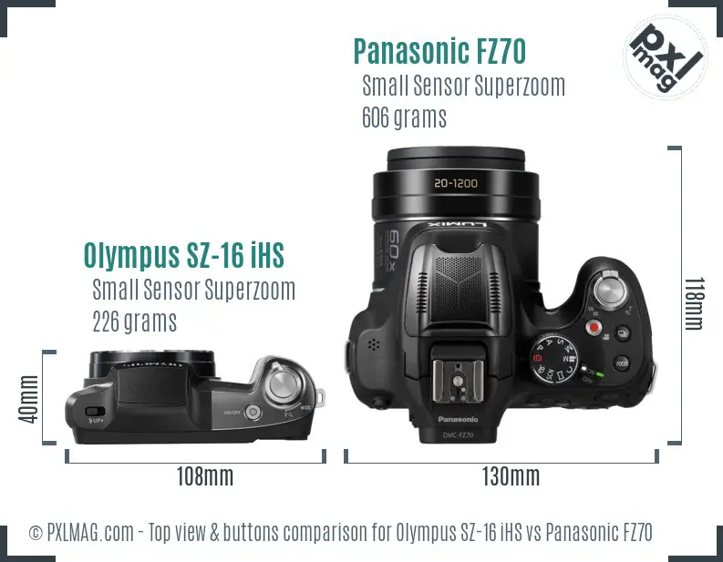 Olympus SZ-16 iHS vs Panasonic FZ70 top view buttons comparison