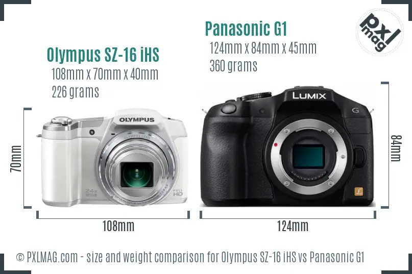 Olympus SZ-16 iHS vs Panasonic G1 size comparison