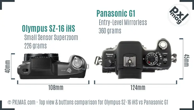 Olympus SZ-16 iHS vs Panasonic G1 top view buttons comparison