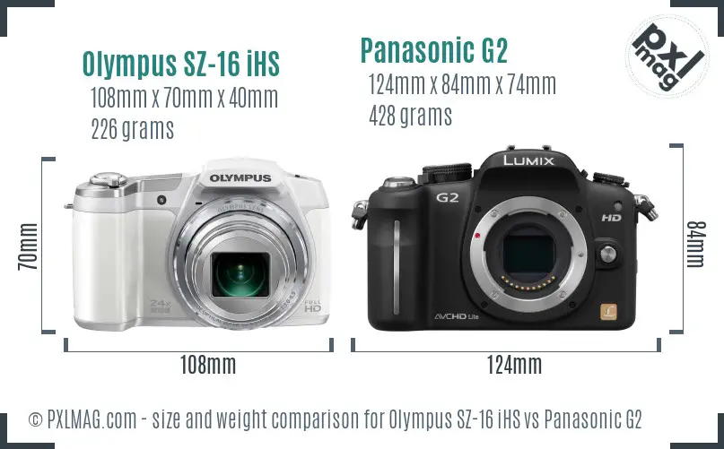 Olympus SZ-16 iHS vs Panasonic G2 size comparison